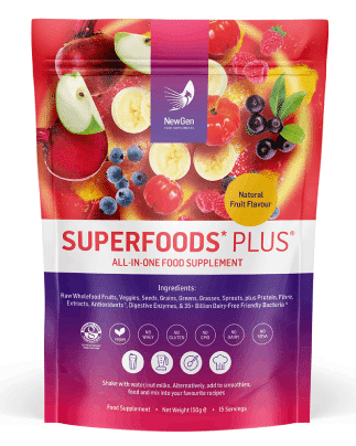 Superfoods Plus all-in-one food supplement for gut health, immune, energy, and overall wellbeing.