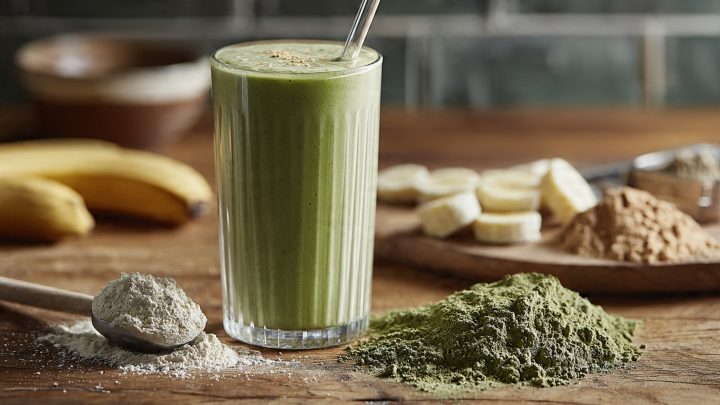 Certified organic plant protein smoothie with fresh fruits vegetables and superfood ingredients for hormonal balance and anti-aging