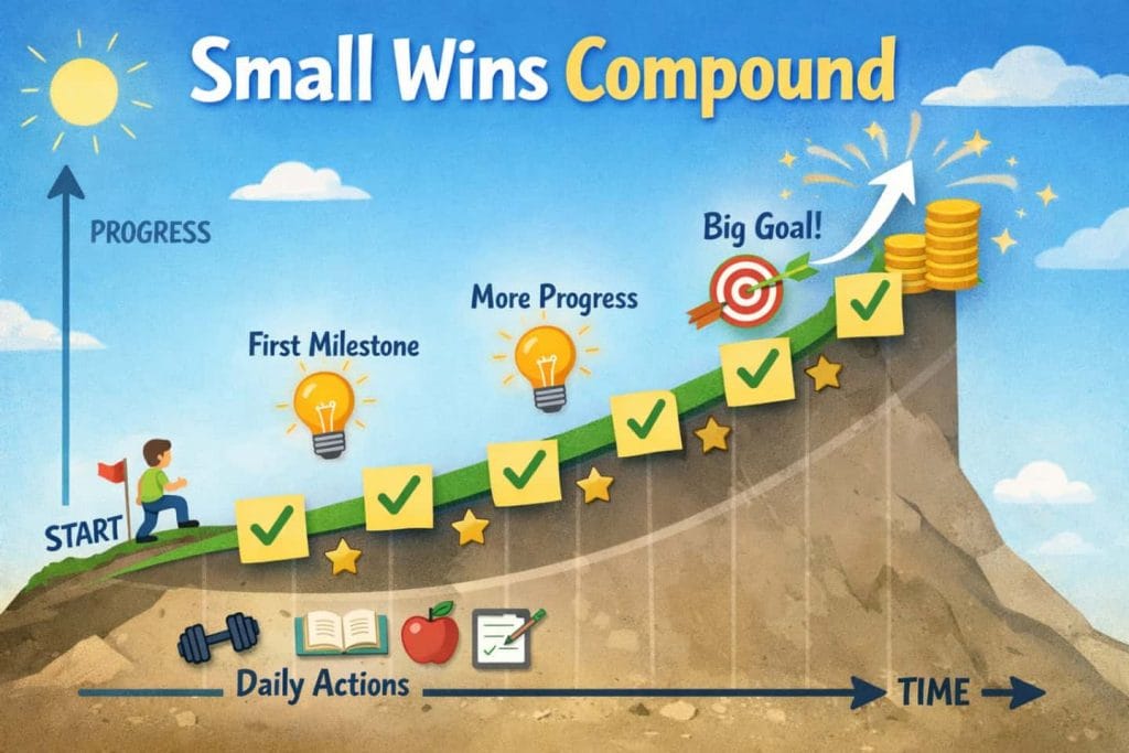 Progress tracking board showing how small consistent wins compound over time for business growth