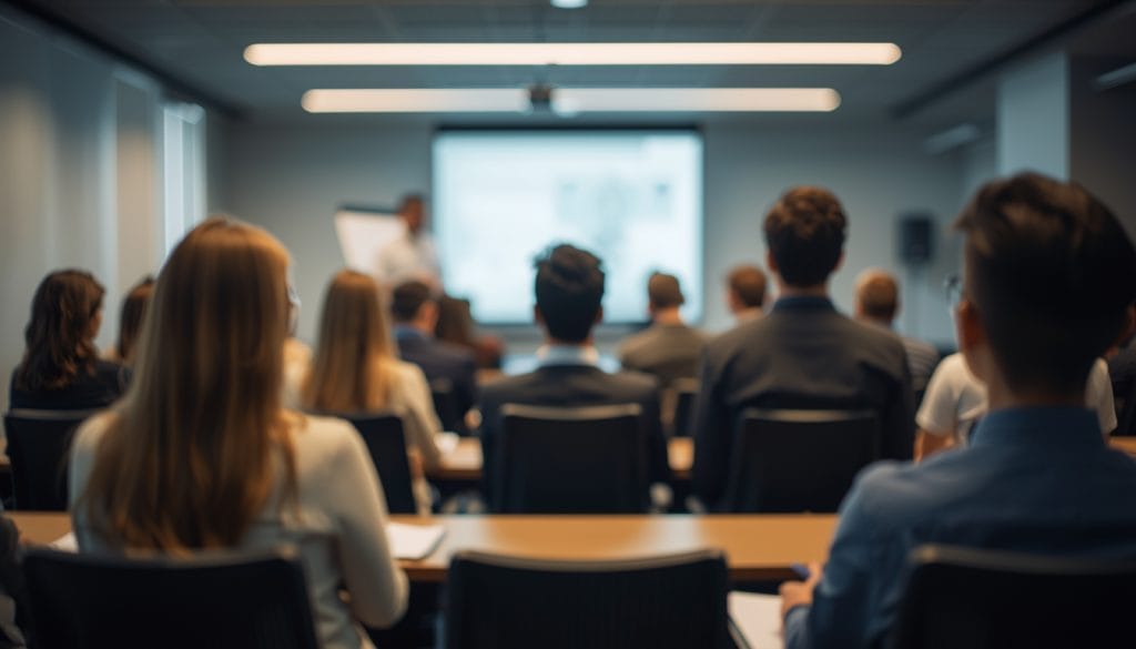 Professionals attending a training session focused on personal growth and business education.