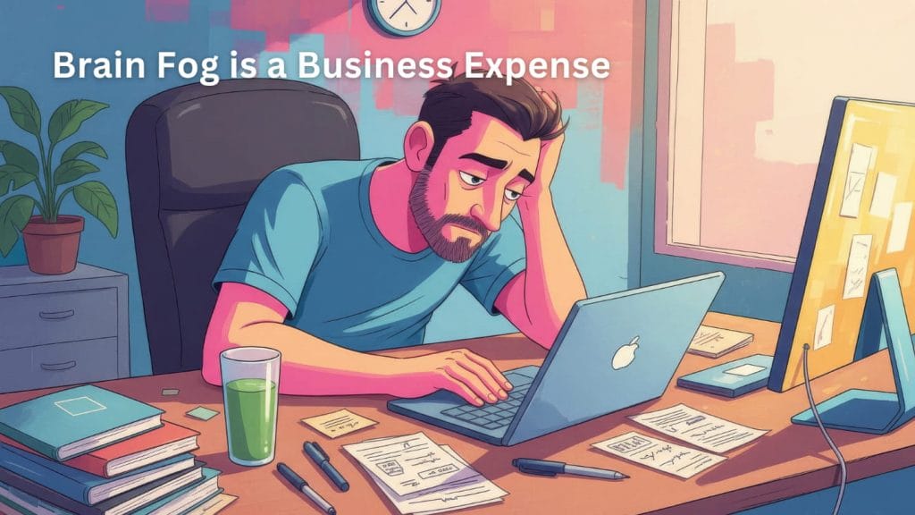 Illustration of an exhausted solopreneur working at a laptop with brain fog.