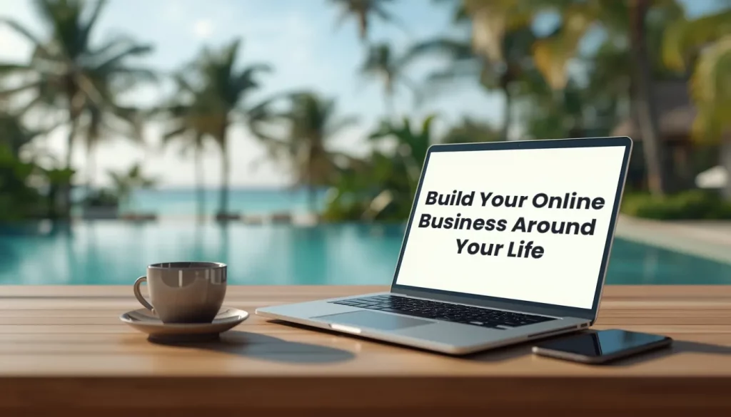 Laptop and coffee cup on wooden table by tropical pool, representing flexible work-from-anywhere lifestyle.