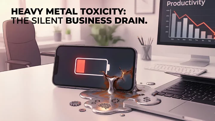 A smartphone with a red low battery icon leaking liquid metal onto a laptop keyboard, representing how heavy metal toxicity drains solopreneur productivity.