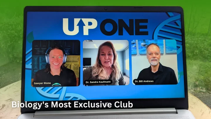 Laptop screen showing Up One podcast episode on menopause with host Sawyer Stone, Dr Sandra Kaufmann, and Dr Bill Andrews in a Zoom call discussing the science of menopause and hormone replacement therapy