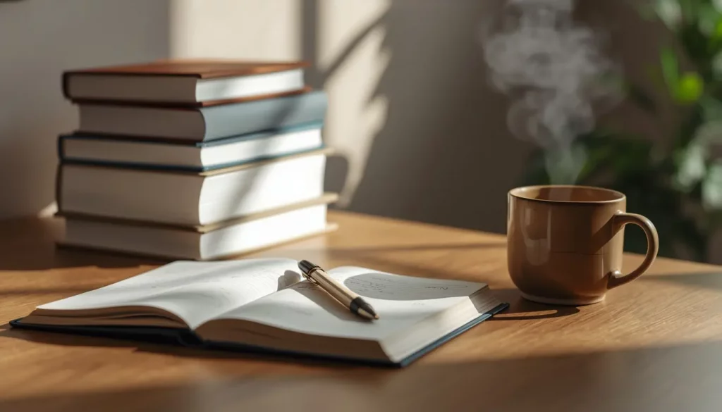 Open journal with pen beside coffee cup and stacked books on wooden desk, representing personal growth and learning