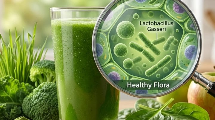 Glass of organic green juice with broccoli, kale, spinach and wheatgrass, alongside a magnified illustration of Lactobacillus gasseri healthy gut flora