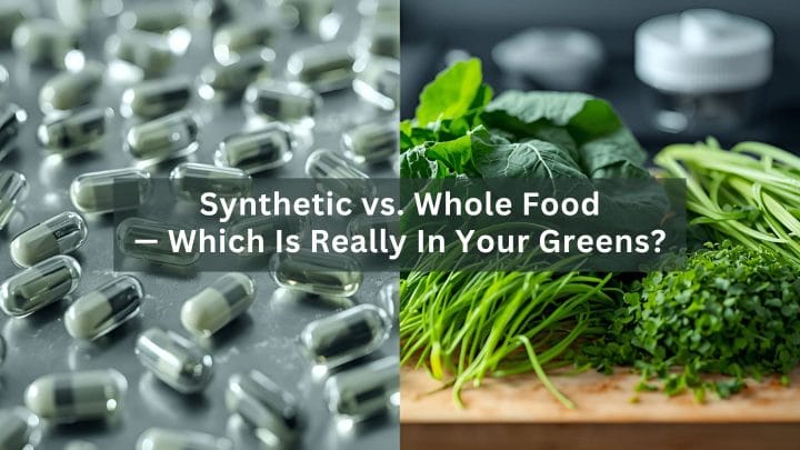Split-screen image comparing synthetic supplement capsules on a lab surface on the left with fresh organic spinach, wheatgrass, and microgreens on a wooden board on the right, illustrating the difference between synthetic and whole-food green supplements.