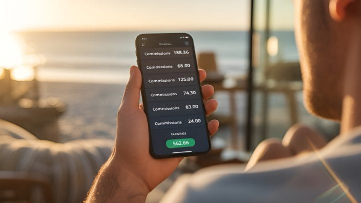 Person holding a smartphone at a beach sunset showing multiple affiliate commission payments and total earnings of $562.66, representing passive income from affiliate marketing
