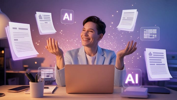 Smiling business owner at a laptop surrounded by floating AI-generated documents and glowing AI icons, representing automated content creation for small businesses