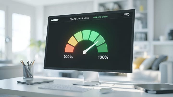 Desktop monitor showing a website speed performance gauge at 100% in the green zone, representing fast page load times for a small business website
