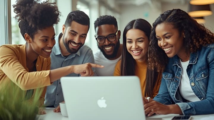 Five diverse entrepreneurs smiling and gathered around a laptop in a co-working space, one person pointing at the screen, representing collaborative online business learning and community support
