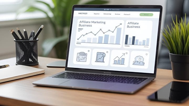 Laptop displaying an affiliate marketing business dashboard on a home office desk