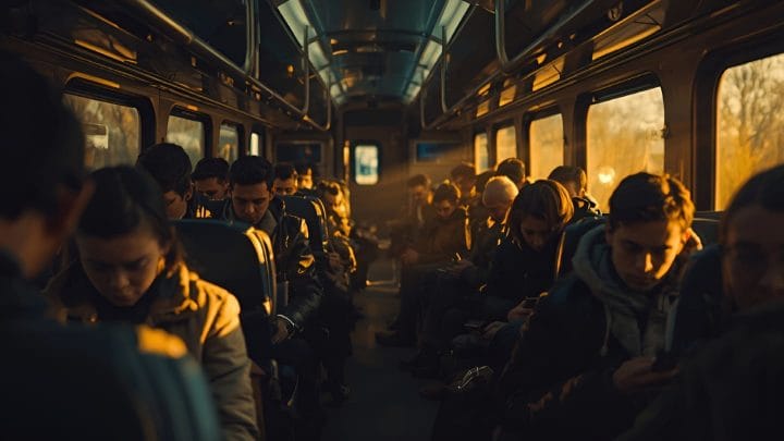 A crowded train carriage interior lit by warm golden backlight streaming through windows, with every passenger hunched over a smartphone, faces downcast and illuminated by screen glow, nobody making eye contact or speaking.