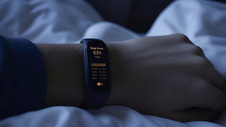 A fitness tracker on a wrist resting on white bedsheets in dim blue light, displaying a sleep score of 63% rated Poor, with fragmented sleep stage data showing minimal REM.