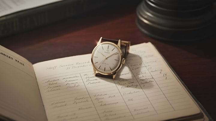 A vintage gold Omega dress watch resting on an open handwritten staff service record ledger dated 31 December 1983, on a dark mahogany desk with warm side lighting.