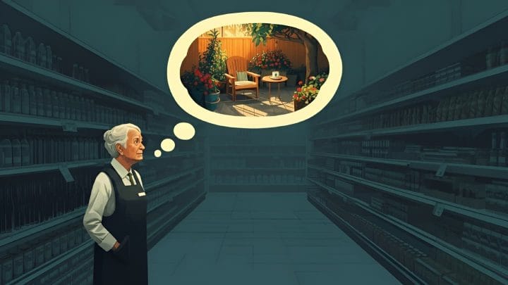 An elderly woman in a supermarket tabard stands alone in a dimly lit store aisle, gazing upward at a thought bubble showing a sunlit cottage garden with a wooden chair, flowering borders, and a cup of tea.