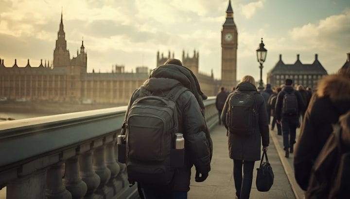 A commuter on Westminster Bridge, bent forward under the weight of an overstuffed urban rucksack, walks toward the Houses of Parliament and Big Ben in morning light, surrounded by fellow commuters similarly laden.