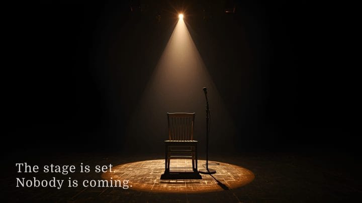 An empty wooden chair sits beneath a single dramatic spotlight on a bare dark stage, a microphone stand beside it, dust particles caught in the warm amber beam