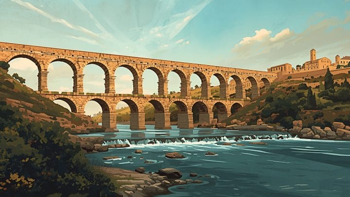 Illustration of a two-tiered Roman stone aqueduct spanning a flowing river at golden hour, with a hillside town in the background.